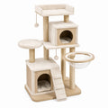 Arbre à chat beige en bois naturel avec vasque transparente, niches, plateformes et griffoirs en sisal, 110 x 60 x 180 cm