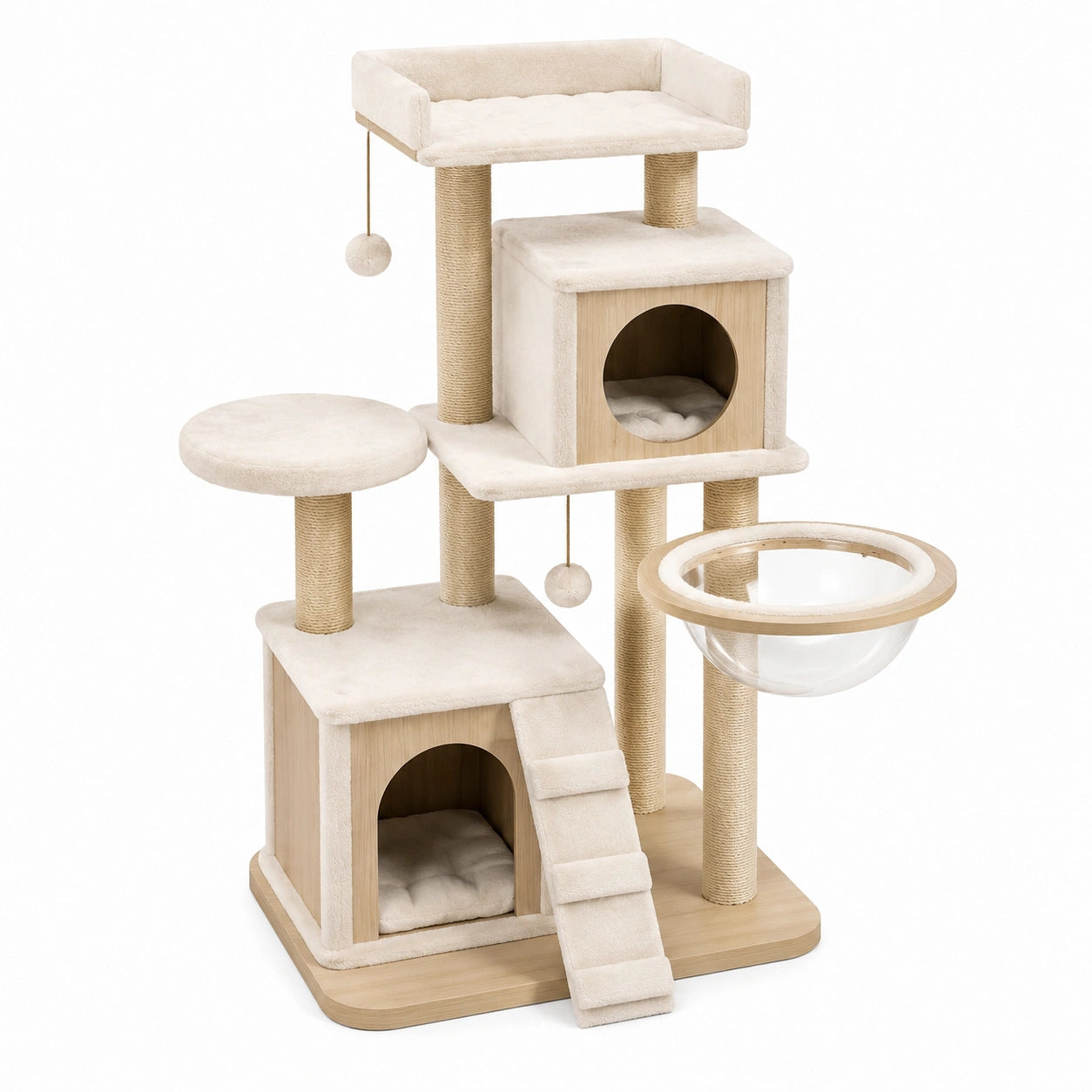 Arbre à chat beige en bois naturel avec vasque transparente, niches, plateformes et griffoirs en sisal, 110 x 60 x 180 cm