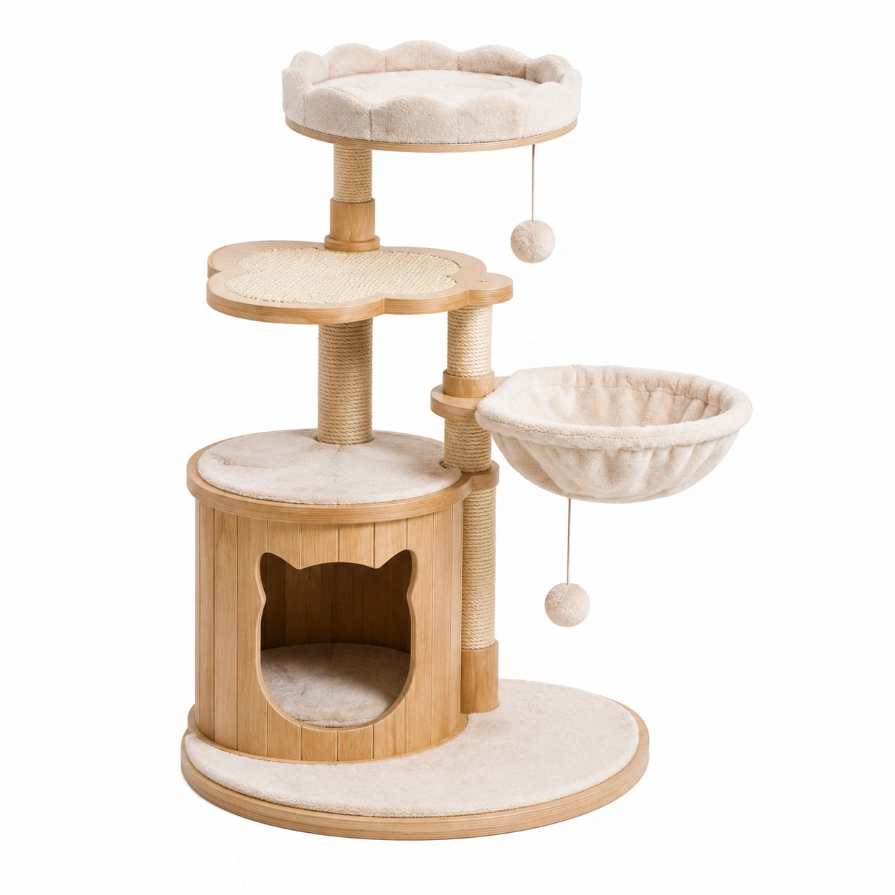 Arbre à chat en bois naturel et tissu beige avec niche, griffoirs et couchages, 90 x 70 x 140 cm