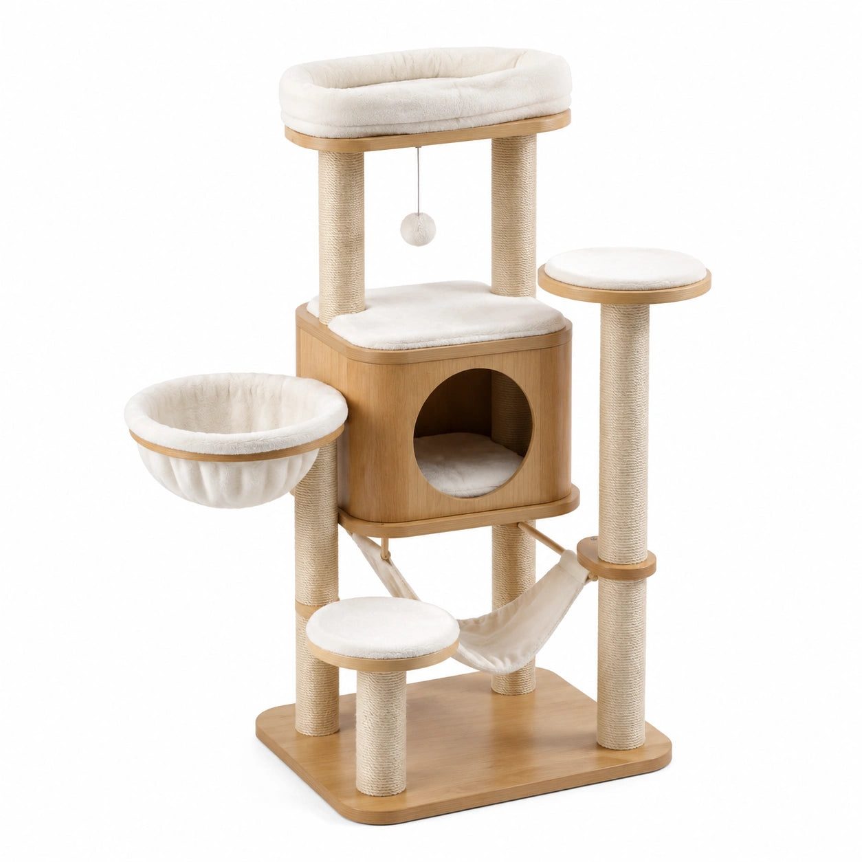 Arbre à chat en bois et sisal avec niche, hamac et plateformes, 90 x 60 x 145 cm, marron clair, blanc cassé et beige