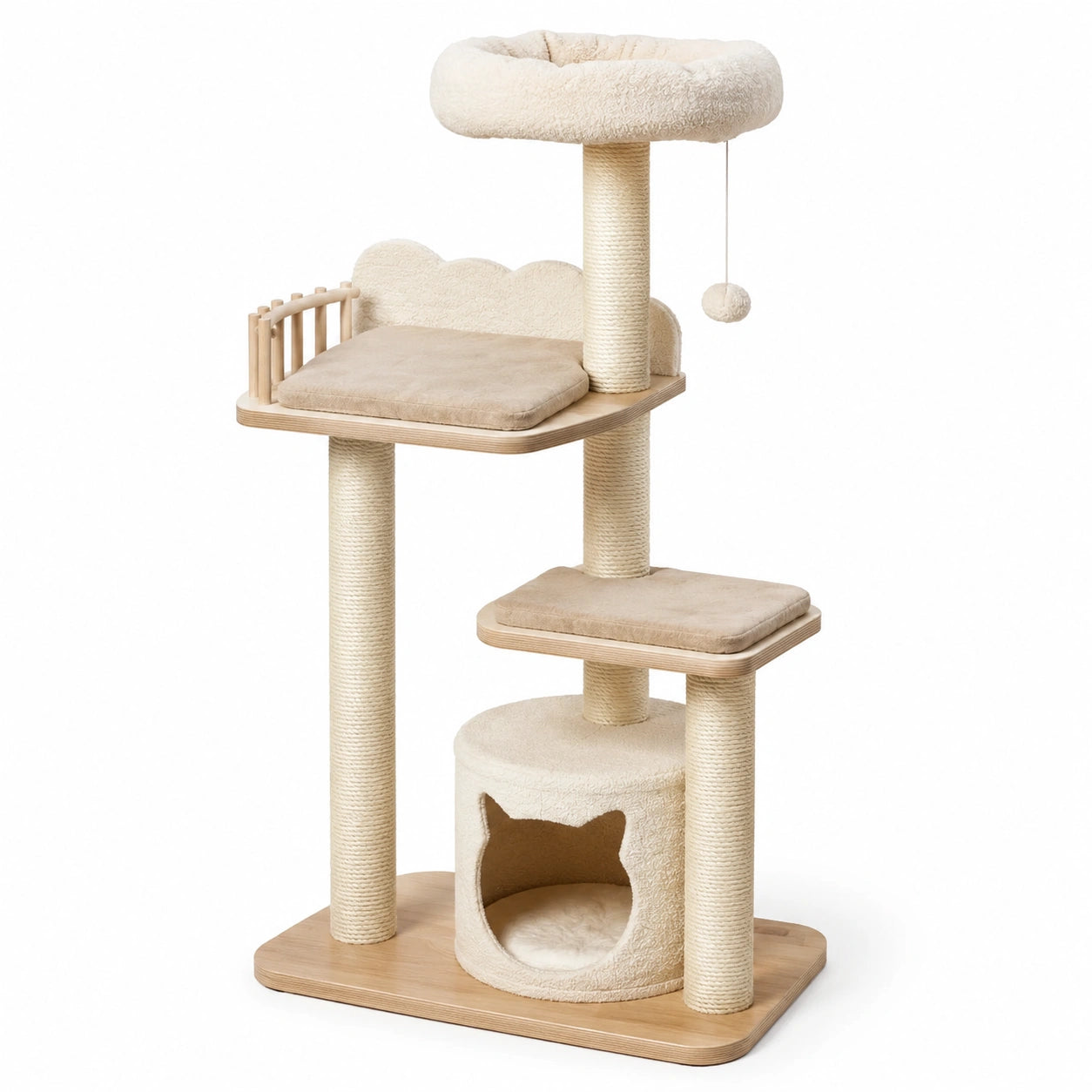 Structure en bois naturel, sisal et tissu beige avec niche, griffoirs et couchages, 60 x 50 x 150 cm