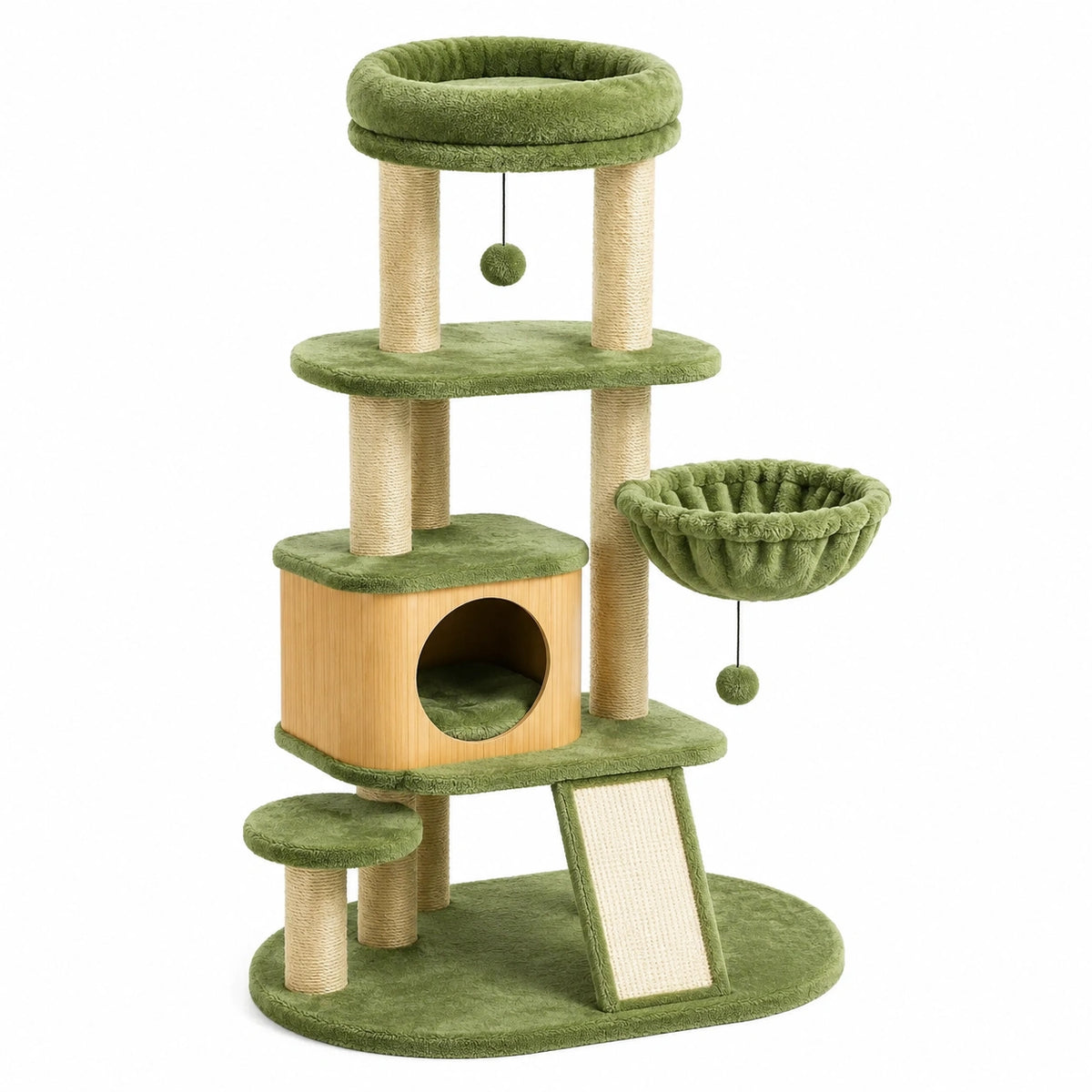 Arbre à chat multiniveau 90 x 55 x 150 cm en bois, sisal et tissu pelucheux, vert olive, beige et bois naturel