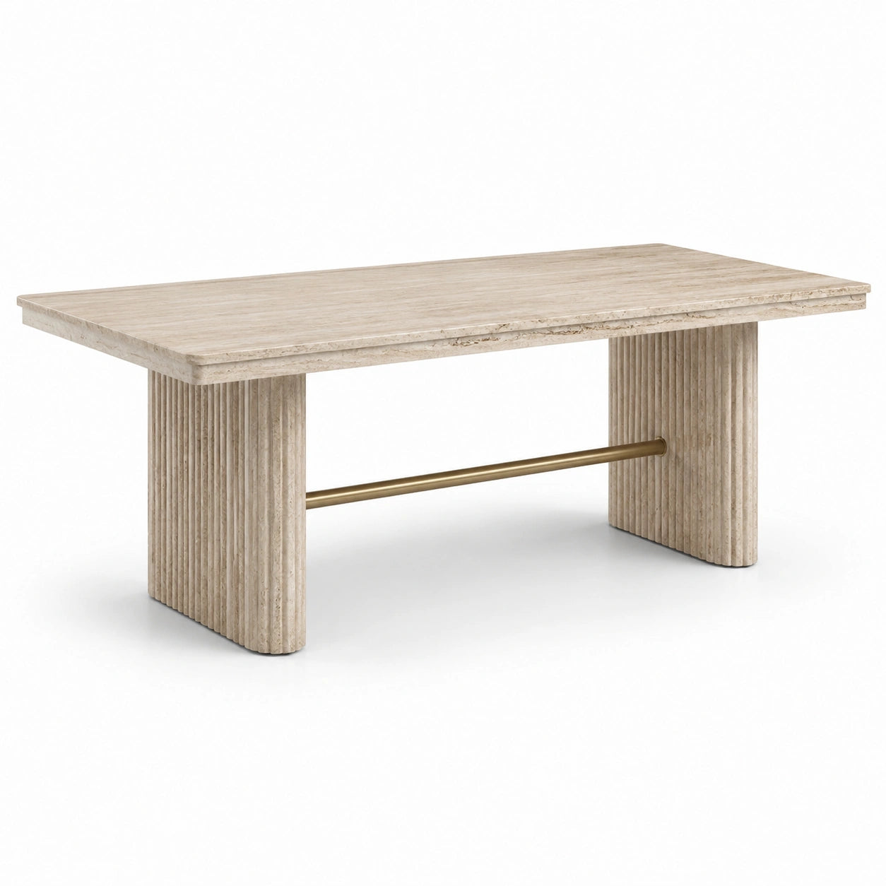 Table à manger rectangulaire en travertin beige avec traverse en métal doré, 180 x 90 x 76 cm