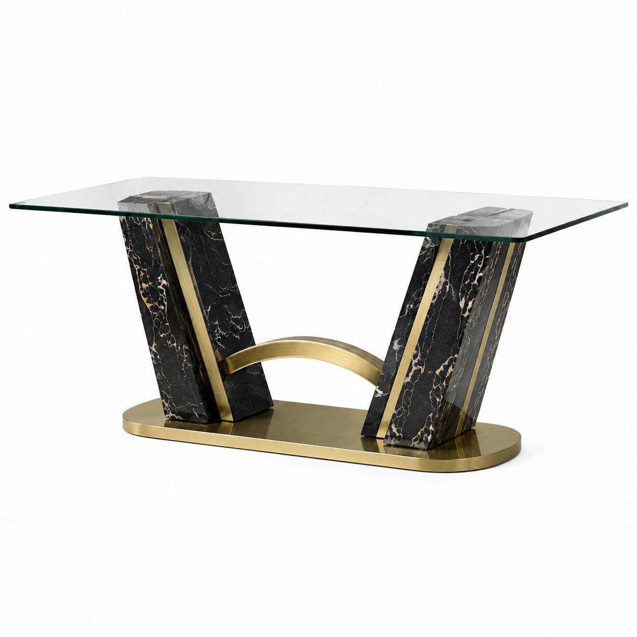 Table à manger contemporaine 160 x 90 x 76 cm en verre transparent, noir et doré