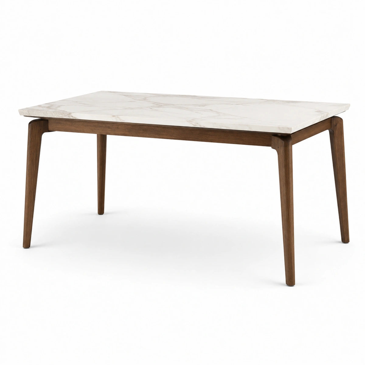 Table à manger rectangulaire 140 x 80 x 75 cm, plateau blanc effet marbre et pieds en bois brun
