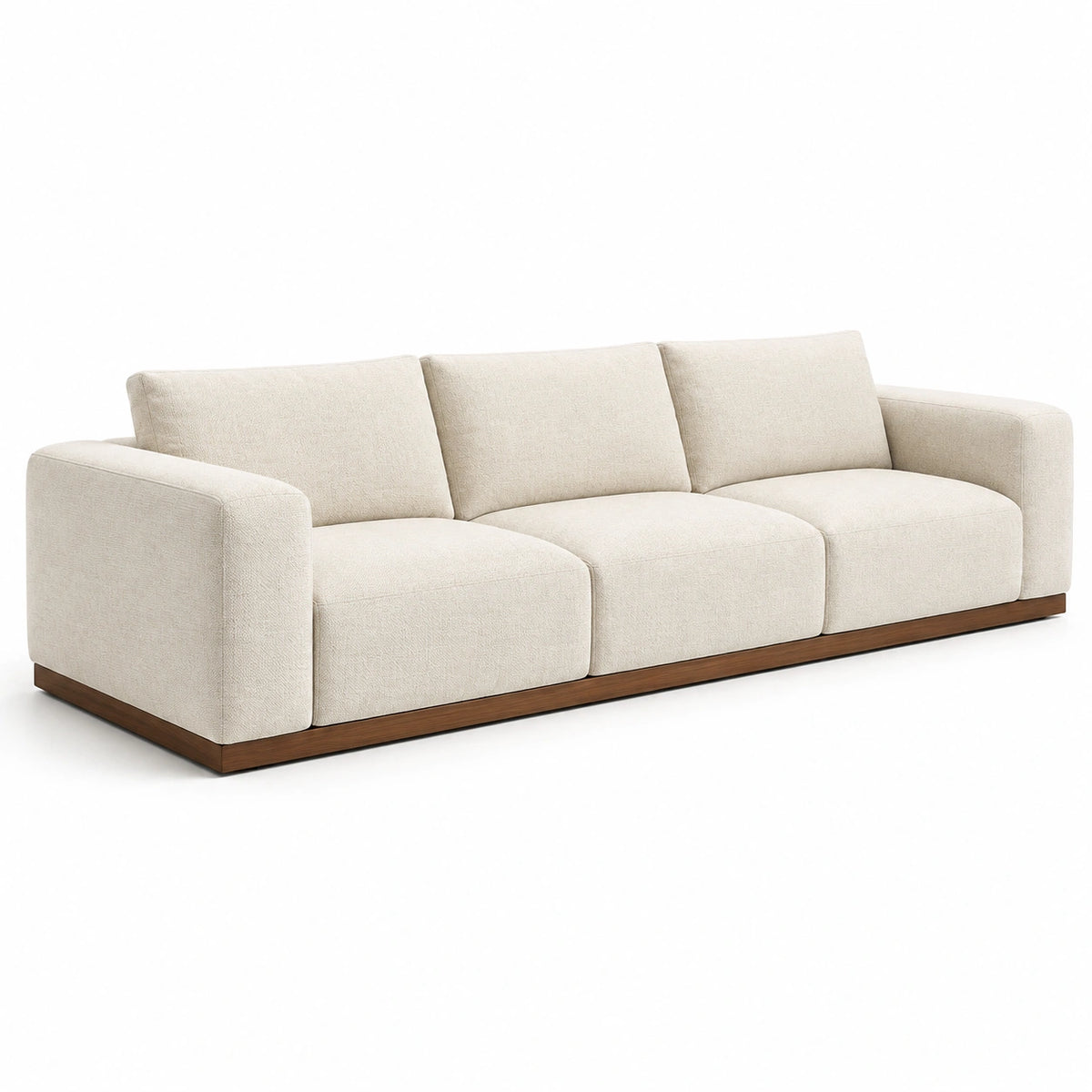 Canapé droit 3 places en tissu texturé écru avec socle en bois brun, 260 x 100 x 82 cm