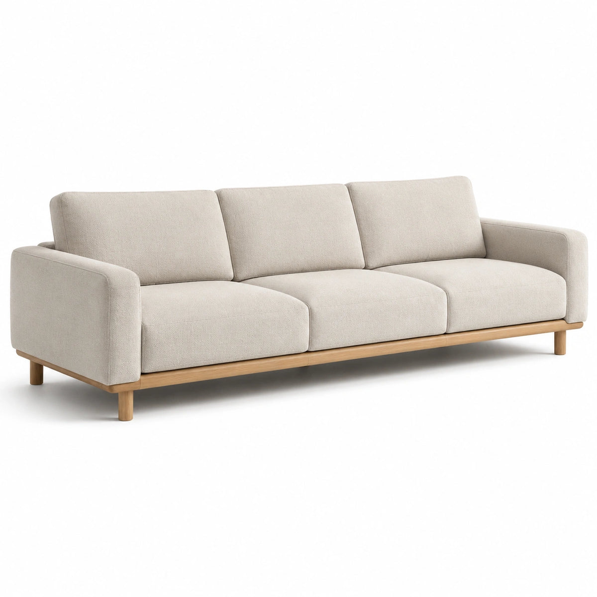 Canapé 3 places en tissu beige avec base en bois naturel, 226 x 90 x 83 cm, style scandinave