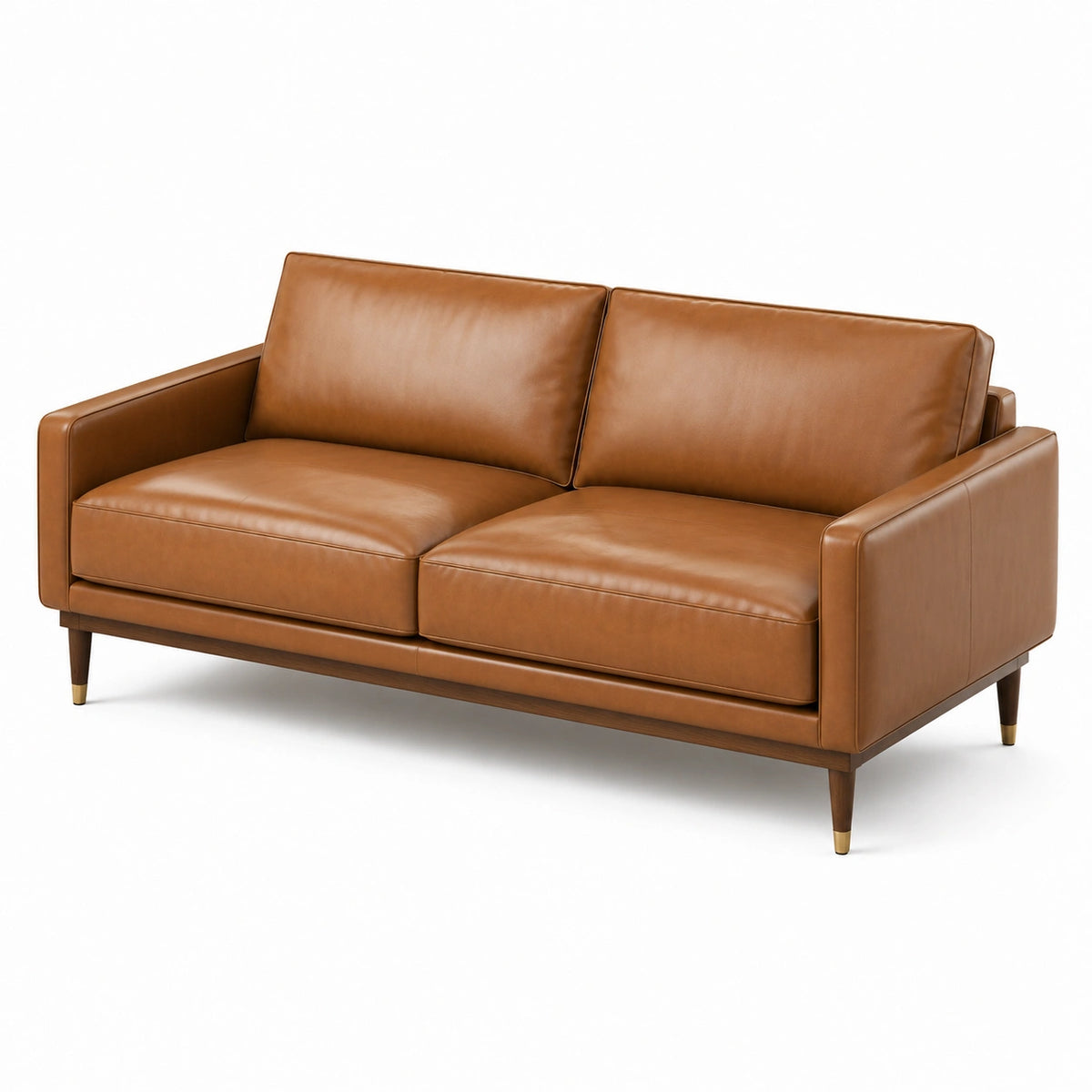 Canapé 2 places contemporain cognac et marron foncé, aspect cuir et pieds en bois, 190 x 85 x 82 cm