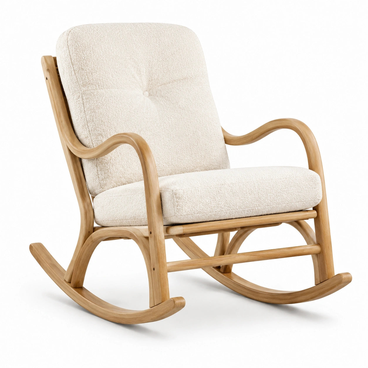 Fauteuil à bascule en bois naturel et tissu bouclé écru, 100 x 72 x 95 cm