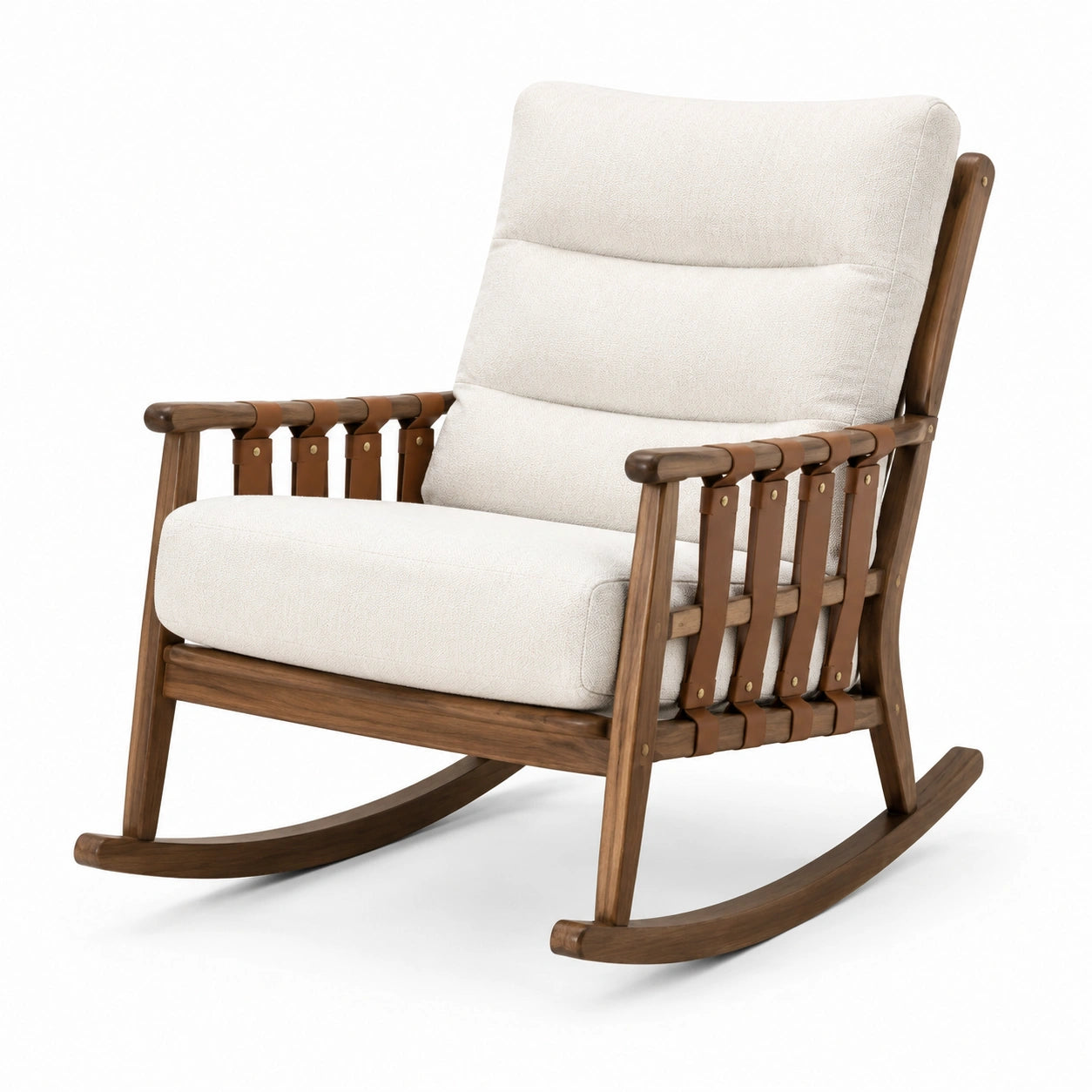 Fauteuil à bascule en bois brun et tissu écru, 72 x 90 x 95 cm, style rétro