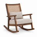 Fauteuil à bascule en bois brun avec cannage naturel et coussins beiges, 70 x 90 x 100 cm, style vintage