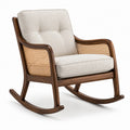 Fauteuil à bascule en bois brun avec cannage naturel et coussins beiges, 74 x 92 x 88 cm