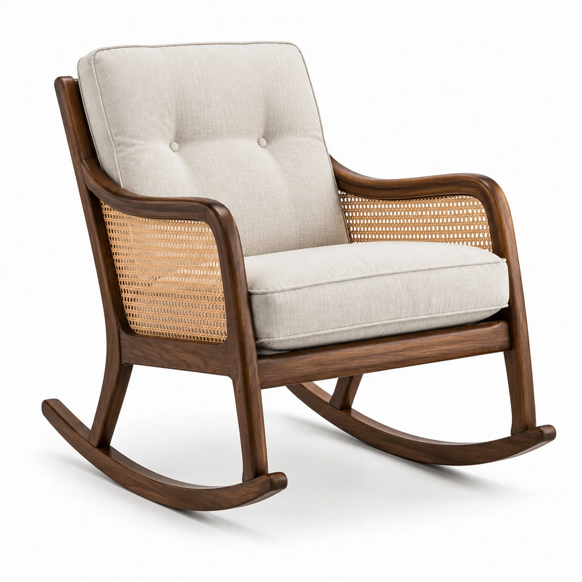 Fauteuil à bascule en bois brun avec cannage naturel et coussins beiges, 74 x 92 x 88 cm
