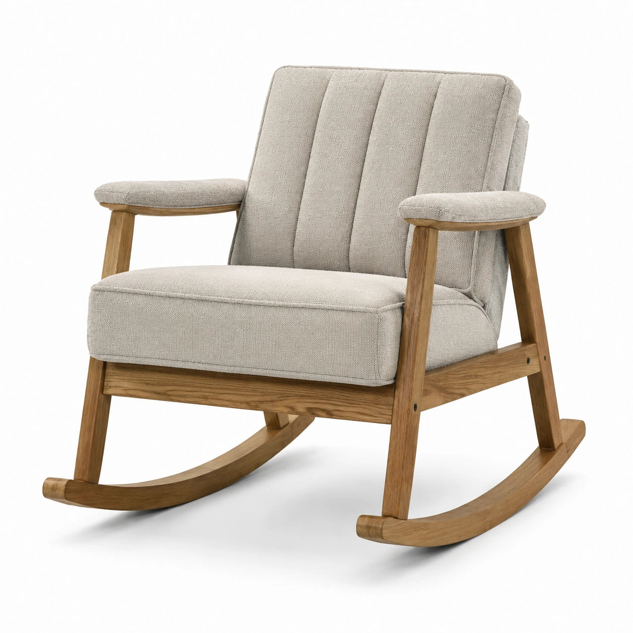 Fauteuil à bascule rétro rembourré en tissu beige et bois naturel, 70 x 85 x 95 cm