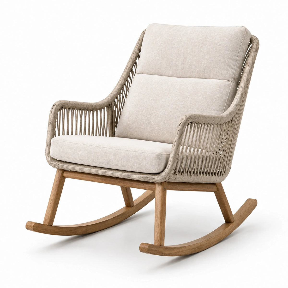 Fauteuil à bascule en bois naturel et cordage tressé beige avec coussins, 76 x 95 x 100 cm