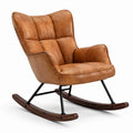 Fauteuil à bascule rétro aspect cuir camel, métal noir et patins en bois brun, 76 x 92 x 98 cm