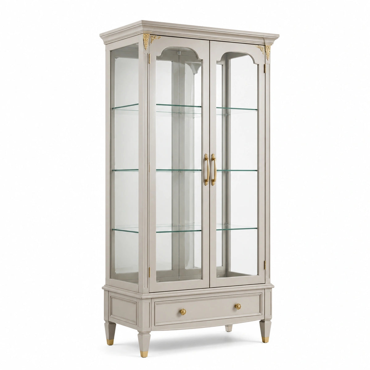 Armoire vitrée classique grège et dorée, 100 x 45 x 190 cm, 2 portes, 3 étagères en verre et 1 tiroir