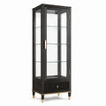 Armoire vitrine contemporaine noire, dorée et transparente, 68 x 42 x 190 cm, 3 étagères en verre et 1 tiroir