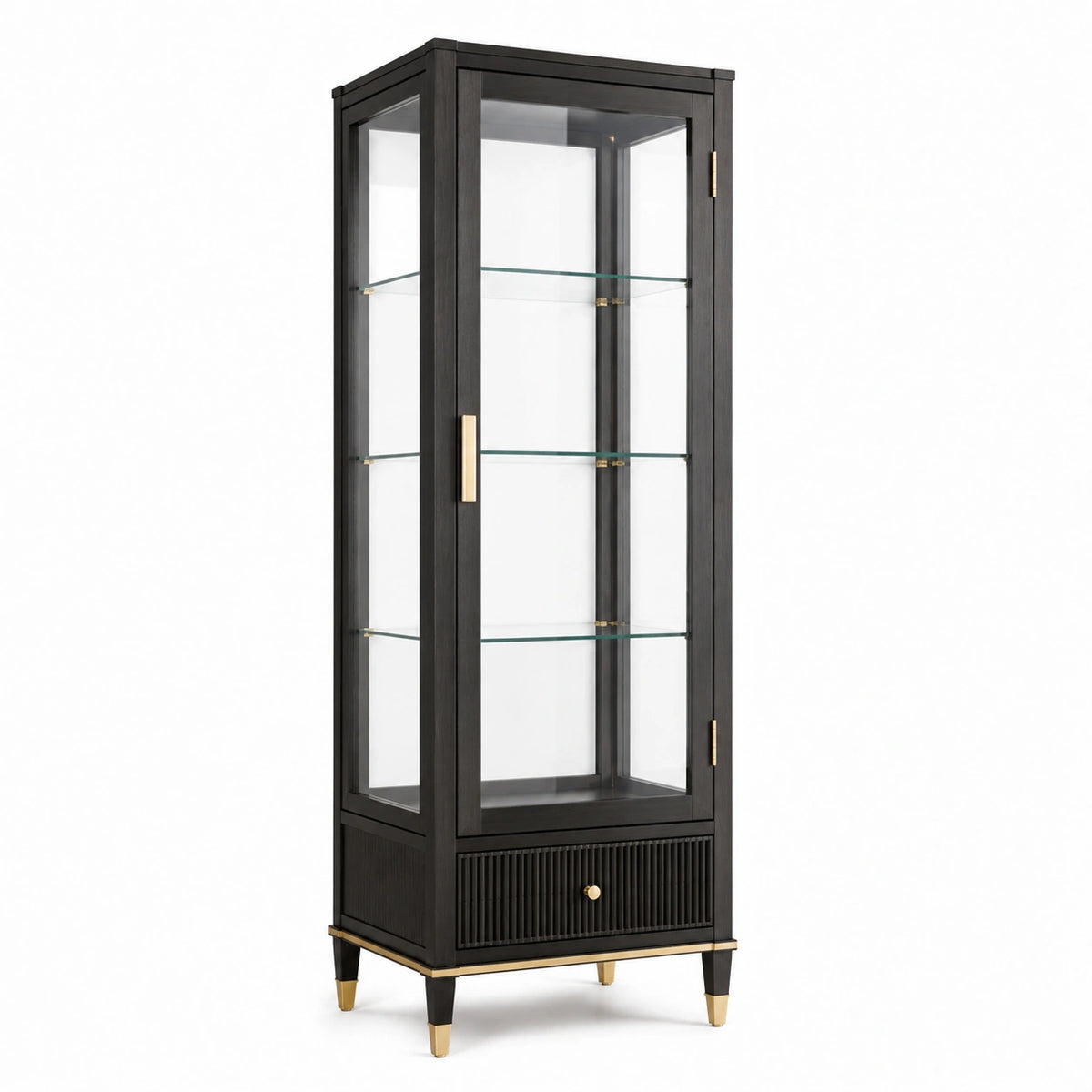 Armoire vitrine contemporaine noire, dorée et transparente, 68 x 42 x 190 cm, 3 étagères en verre et 1 tiroir