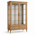 Vitrine en bois marron clair et verre transparent avec détails dorés, 2 portes, 3 tablettes et 2 tiroirs, 110 x 40 x 190 cm