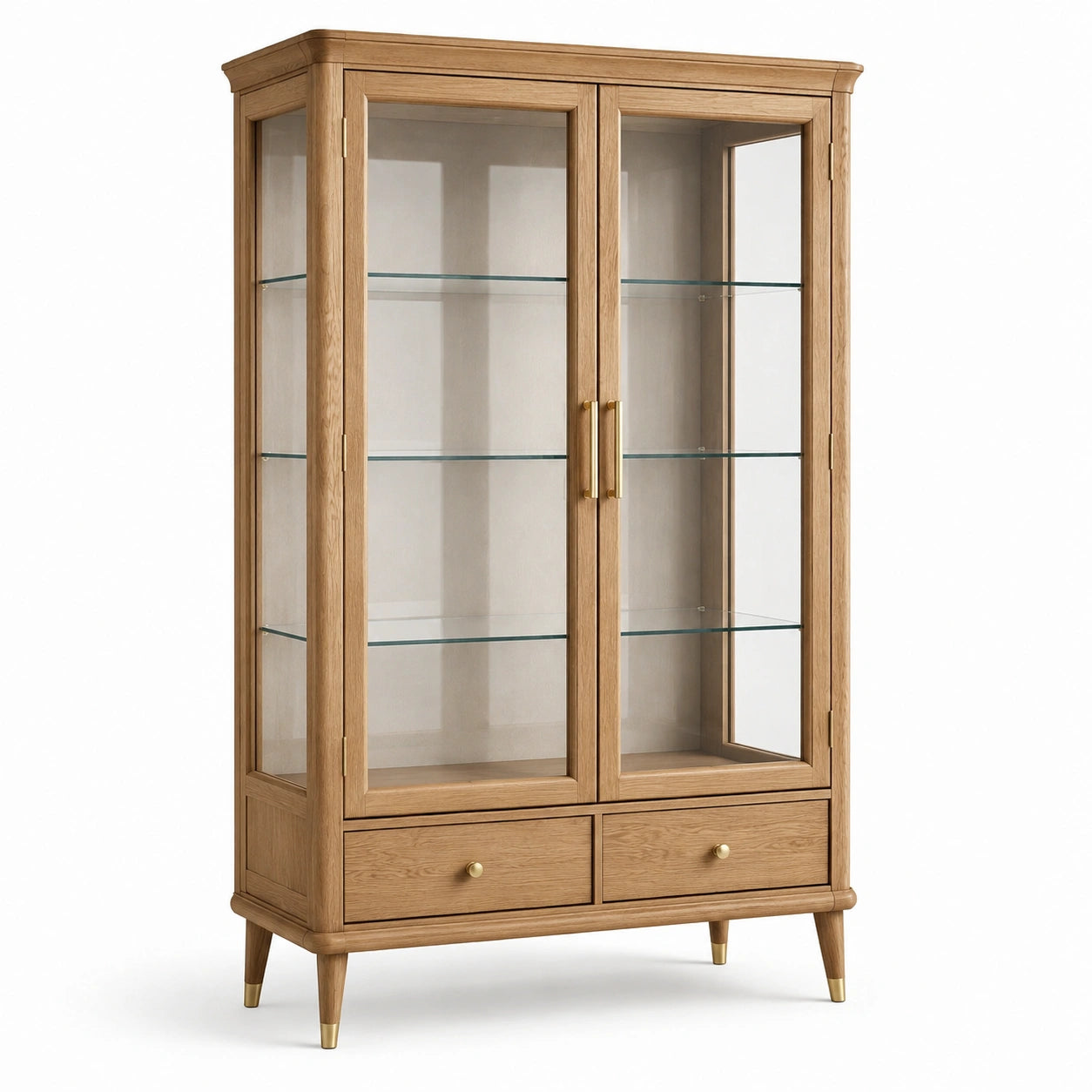Vitrine en bois marron clair et verre transparent avec détails dorés, 2 portes, 3 tablettes et 2 tiroirs, 110 x 40 x 190 cm