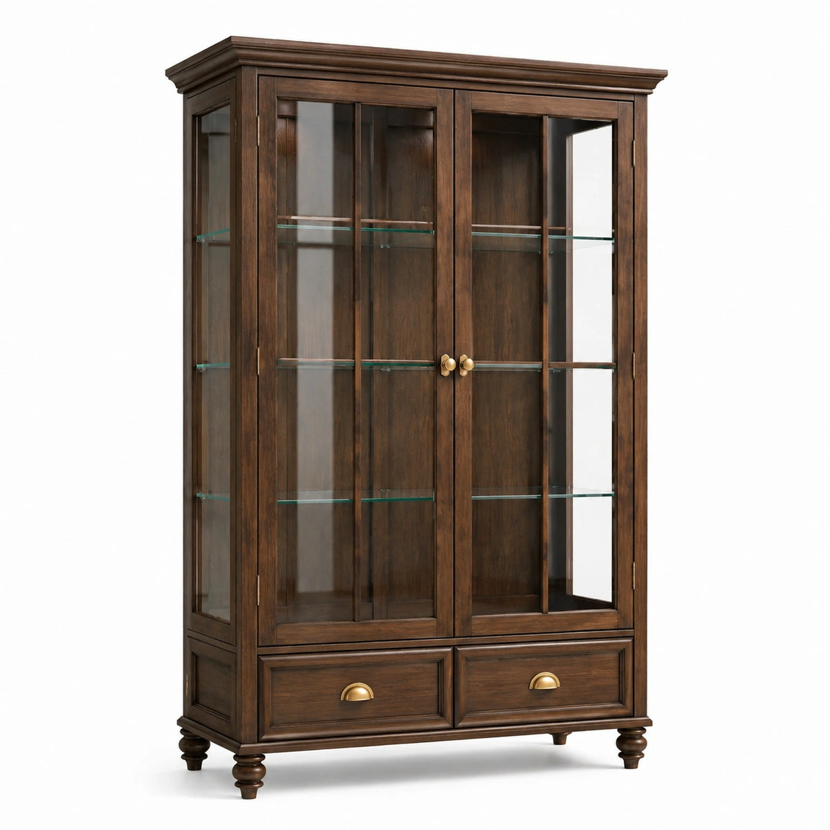 Vitrine en bois brun et verre 120 x 45 x 190 cm avec 2 portes, 3 étagères et 2 tiroirs