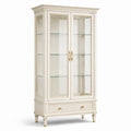 Vitrine classique en bois et verre, ivoire, doré et transparent, 2 portes, 1 tiroir, 100 x 42 x 190 cm