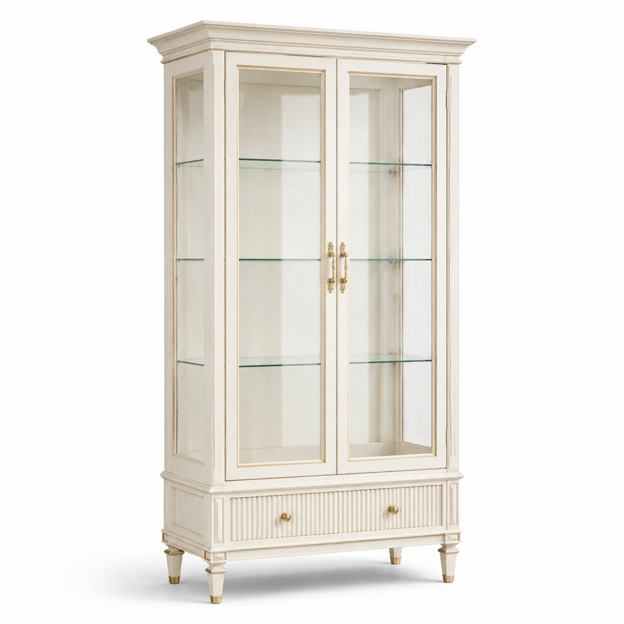 Vitrine classique en bois et verre, ivoire, doré et transparent, 2 portes, 1 tiroir, 100 x 42 x 190 cm