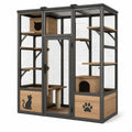 Enclos extérieur pour chat en bois naturel et treillis métallique gris anthracite, 180 x 100 x 190 cm, aménagement multiniveau