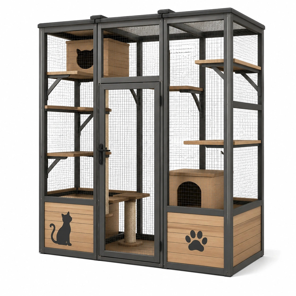 Enclos extérieur pour chat en bois naturel et treillis métallique gris anthracite, 180 x 100 x 190 cm, aménagement multiniveau