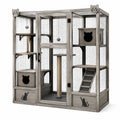 Enclos pour chat en bois gris avec grillage métallique, plateformes et niches, 180 x 100 x 185 cm