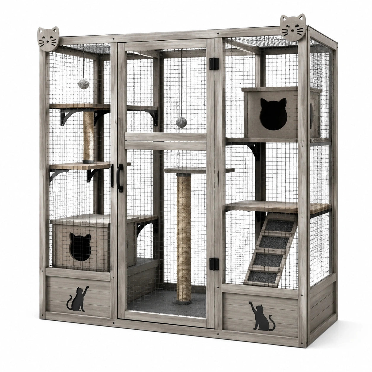 Enclos pour chat en bois gris avec grillage métallique, plateformes et niches, 180 x 100 x 185 cm