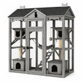 Enclos extérieur pour chats en bois gris et grillage métallique, plusieurs niveaux, 185 x 95 x 190 cm