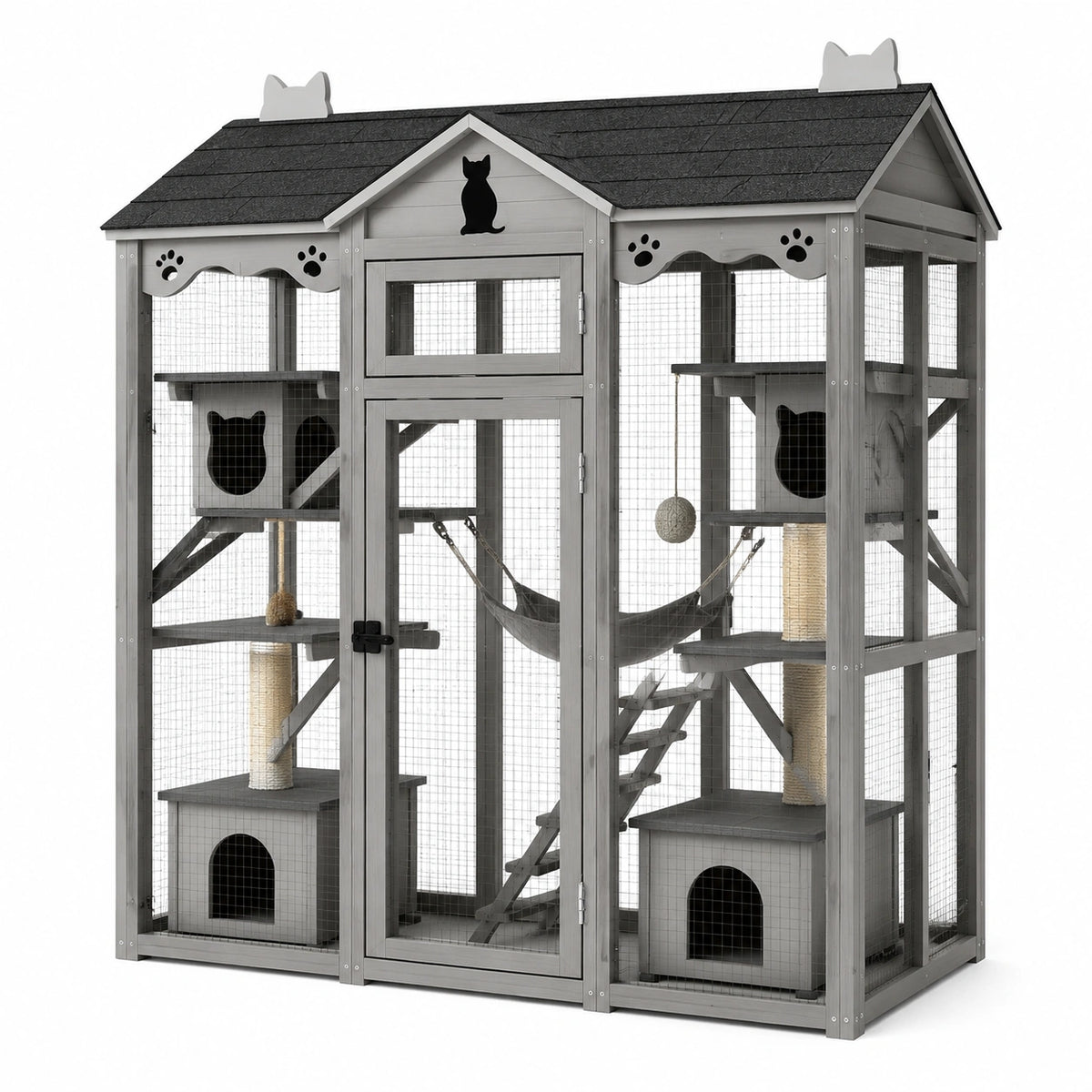 Enclos extérieur pour chats en bois gris et grillage métallique, plusieurs niveaux, 185 x 95 x 190 cm
