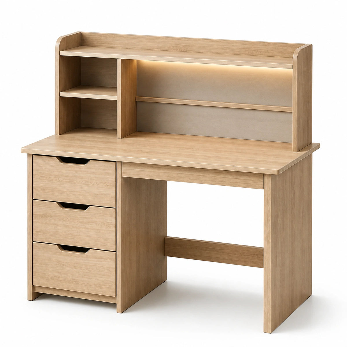Bureau moderne avec rangements et éclairage intégré, effet chêne clair, 120 x 60 x 140 cm