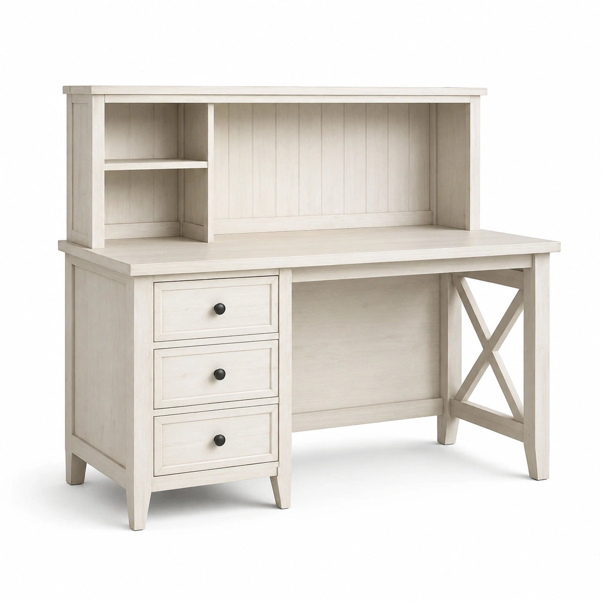 Bureau blanc cassé avec 3 tiroirs et étagères, 120 x 55 x 140 cm, style campagne