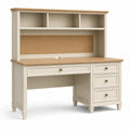 Bureau avec surmeuble, panneau en liège et 4 tiroirs, 120 x 60 x 150 cm, blanc cassé, bois naturel et finitions laiton