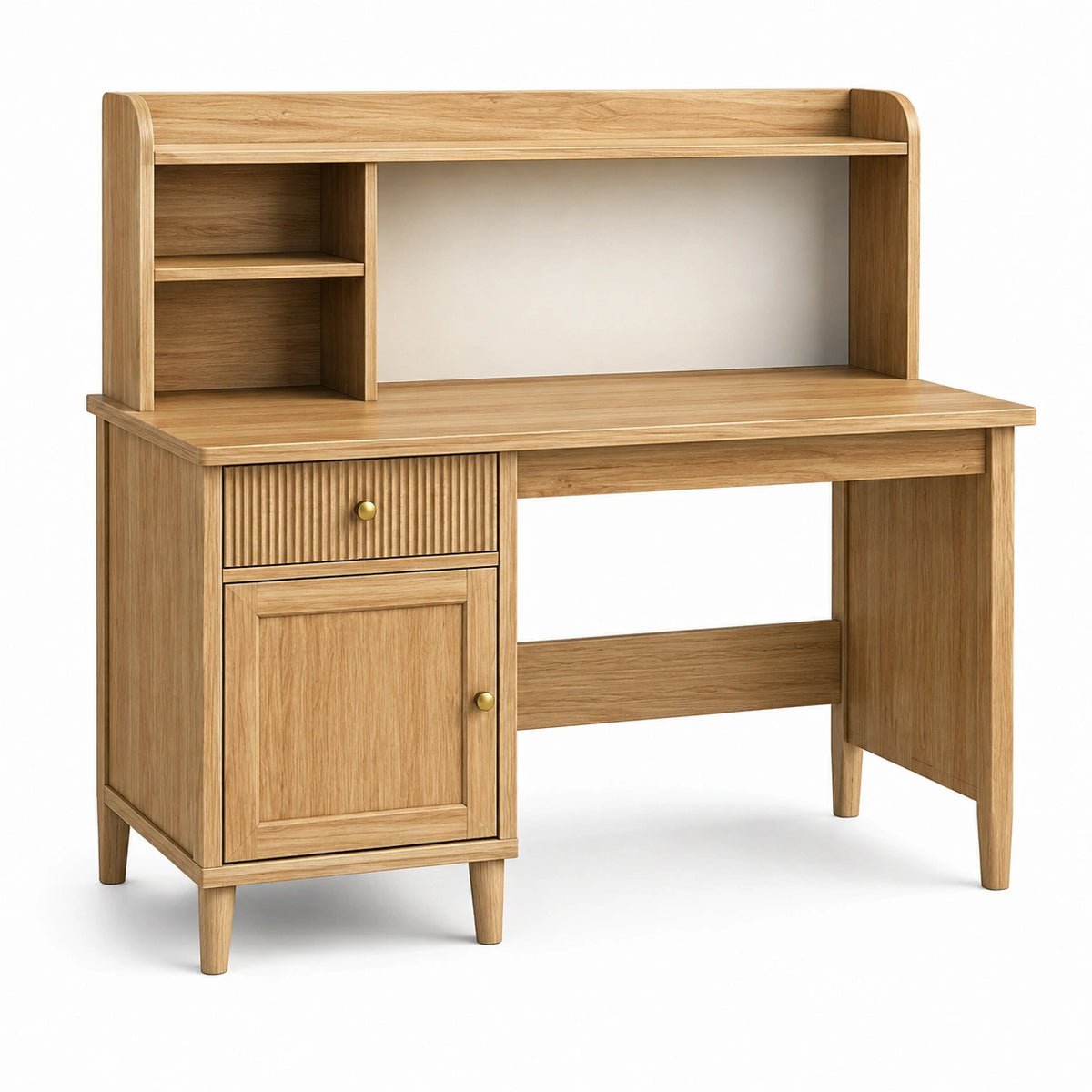 Bureau avec rangements, finition chêne naturel et détails dorés, 120 x 60 x 135 cm