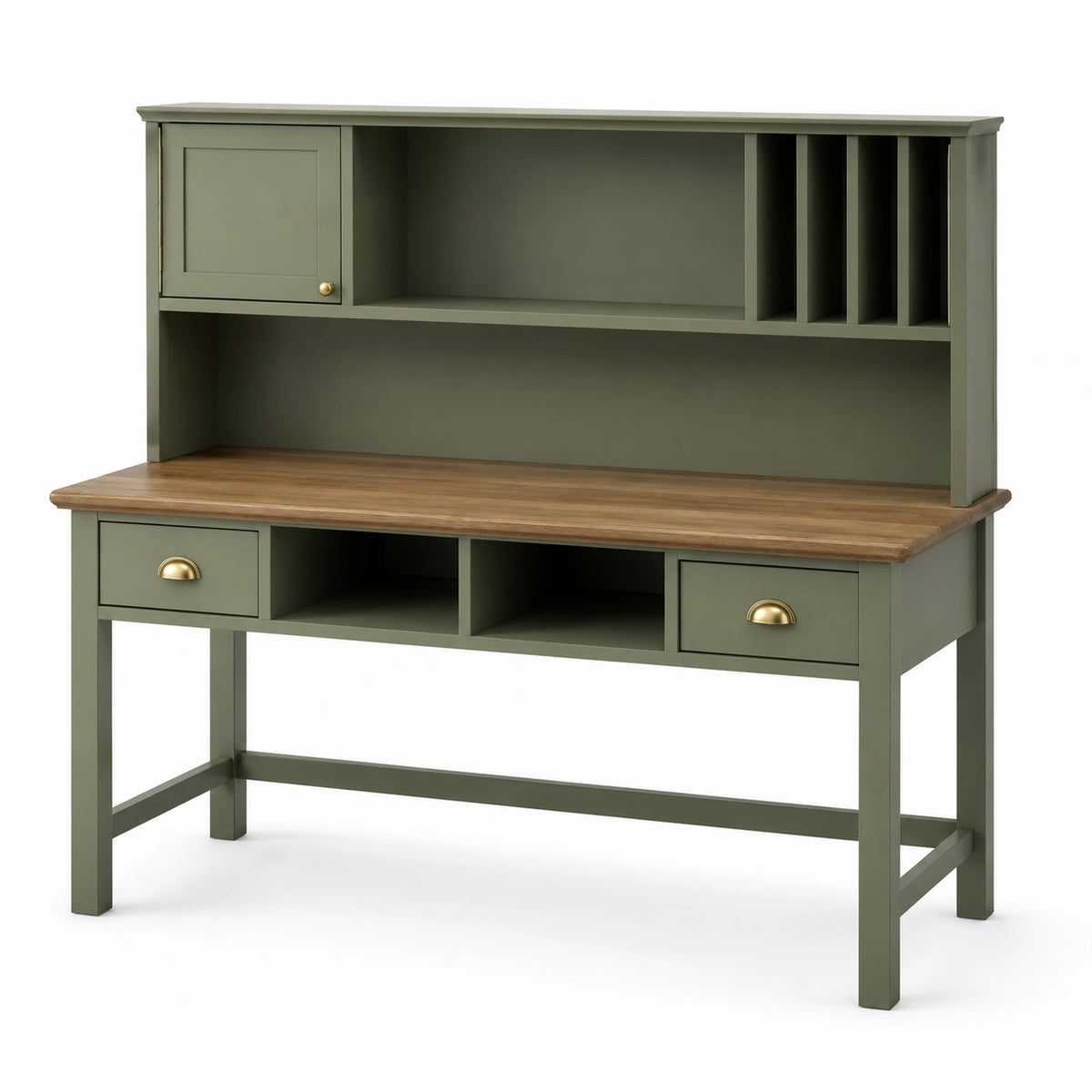 Bureau avec surmeuble et rangements, 150 x 60 x 150 cm, vert olive, marron et doré