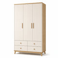 Armoire à 3 portes et 4 tiroirs, 120 x 50 x 190 cm, panneaux dérivés du bois, blanc et beige, façades rainurées