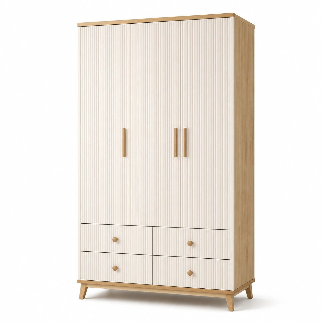 Armoire à 3 portes et 4 tiroirs, 120 x 50 x 190 cm, panneaux dérivés du bois, blanc et beige, façades rainurées
