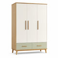 Armoire 3 portes et 2 tiroirs blanc cassé, vert sauge et bois naturel, 120 x 52 x 190 cm