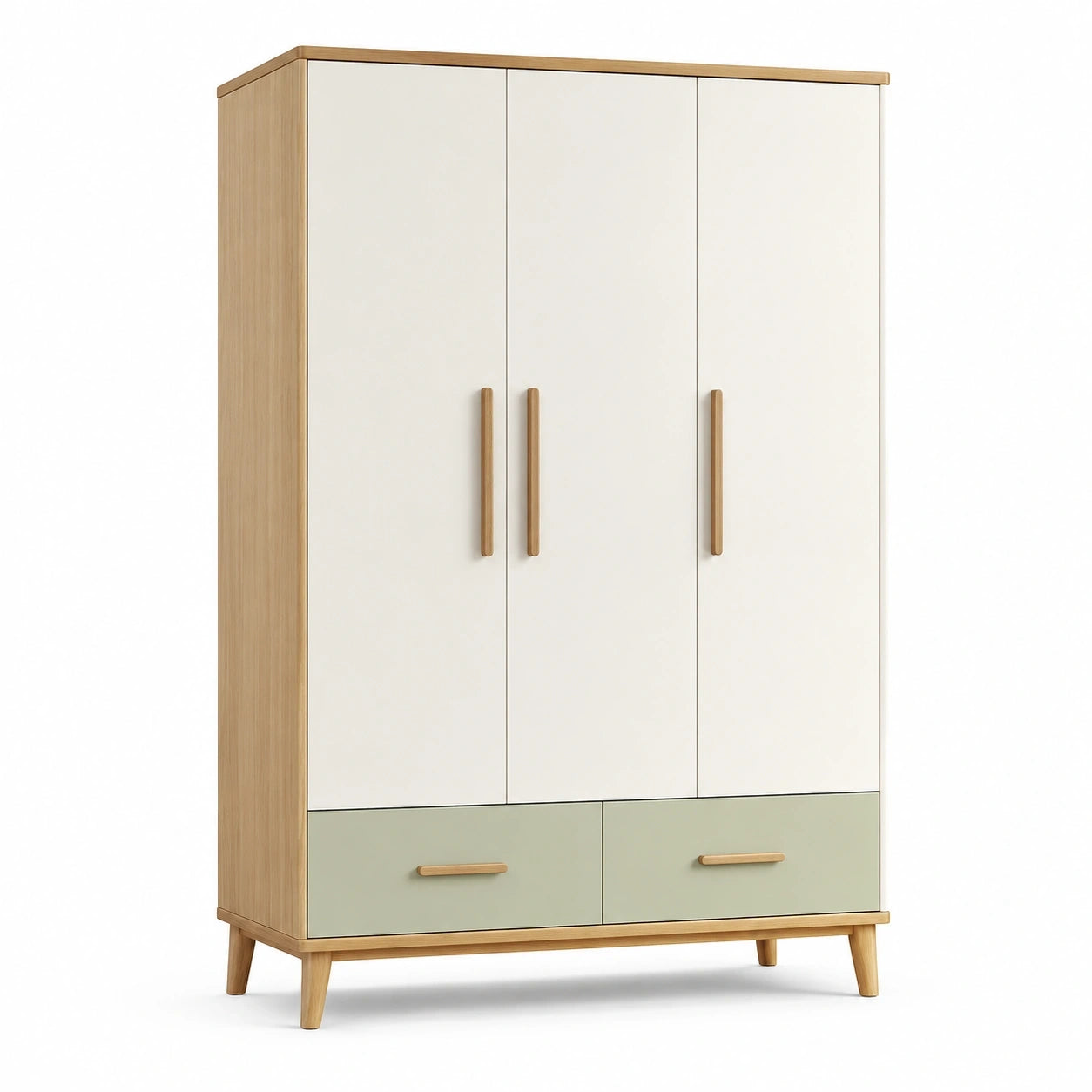 Armoire 3 portes et 2 tiroirs blanc cassé, vert sauge et bois naturel, 120 x 52 x 190 cm