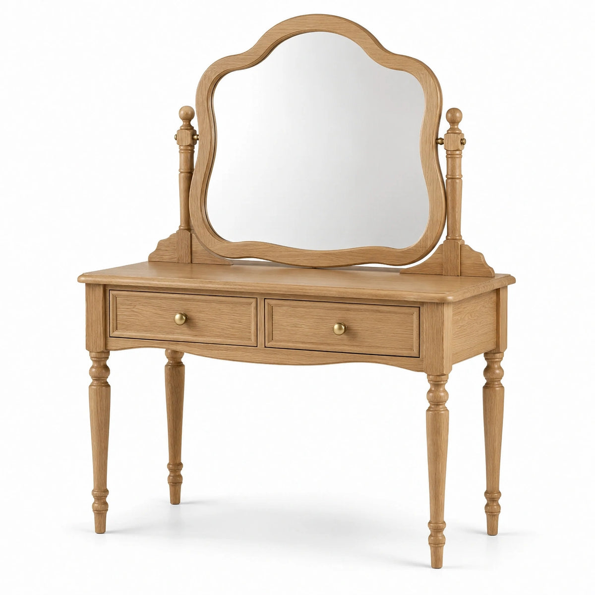 Coiffeuse en bois marron clair et doré avec miroir orientable et 2 tiroirs, 100 x 45 x 145 cm