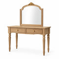 Coiffeuse classique en bois naturel avec miroir et 2 tiroirs, détails dorés, 120 x 45 x 150 cm