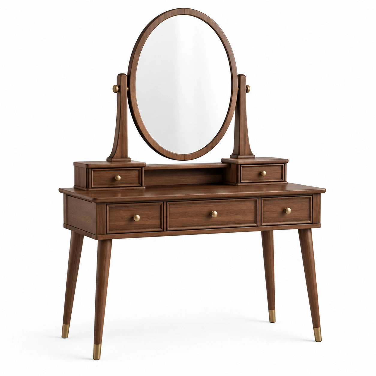 Coiffeuse en bois brun avec miroir ovale orientable et 5 tiroirs, 120 x 45 x 150 cm, style rétro