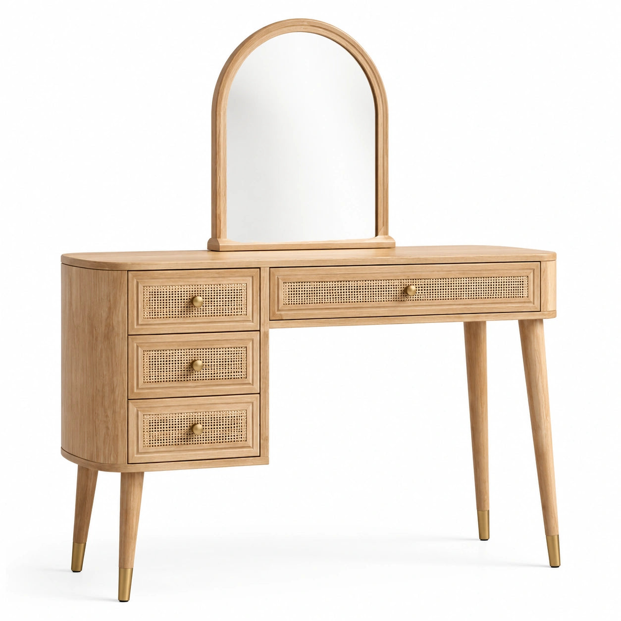 Coiffeuse avec miroir en arche, 4 tiroirs en cannage, bois naturel et laiton, 120 x 40 x 140 cm