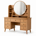 Coiffeuse en bois finition chêne naturel 120 x 50 x 150 cm avec miroir rond, 7 tiroirs et étagères