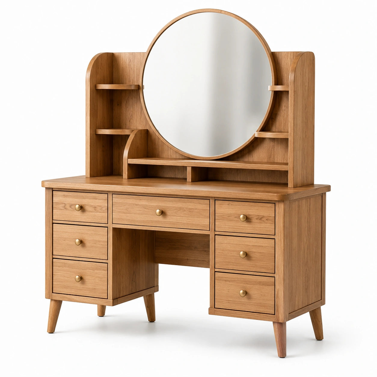Coiffeuse en bois finition chêne naturel 120 x 50 x 150 cm avec miroir rond, 7 tiroirs et étagères