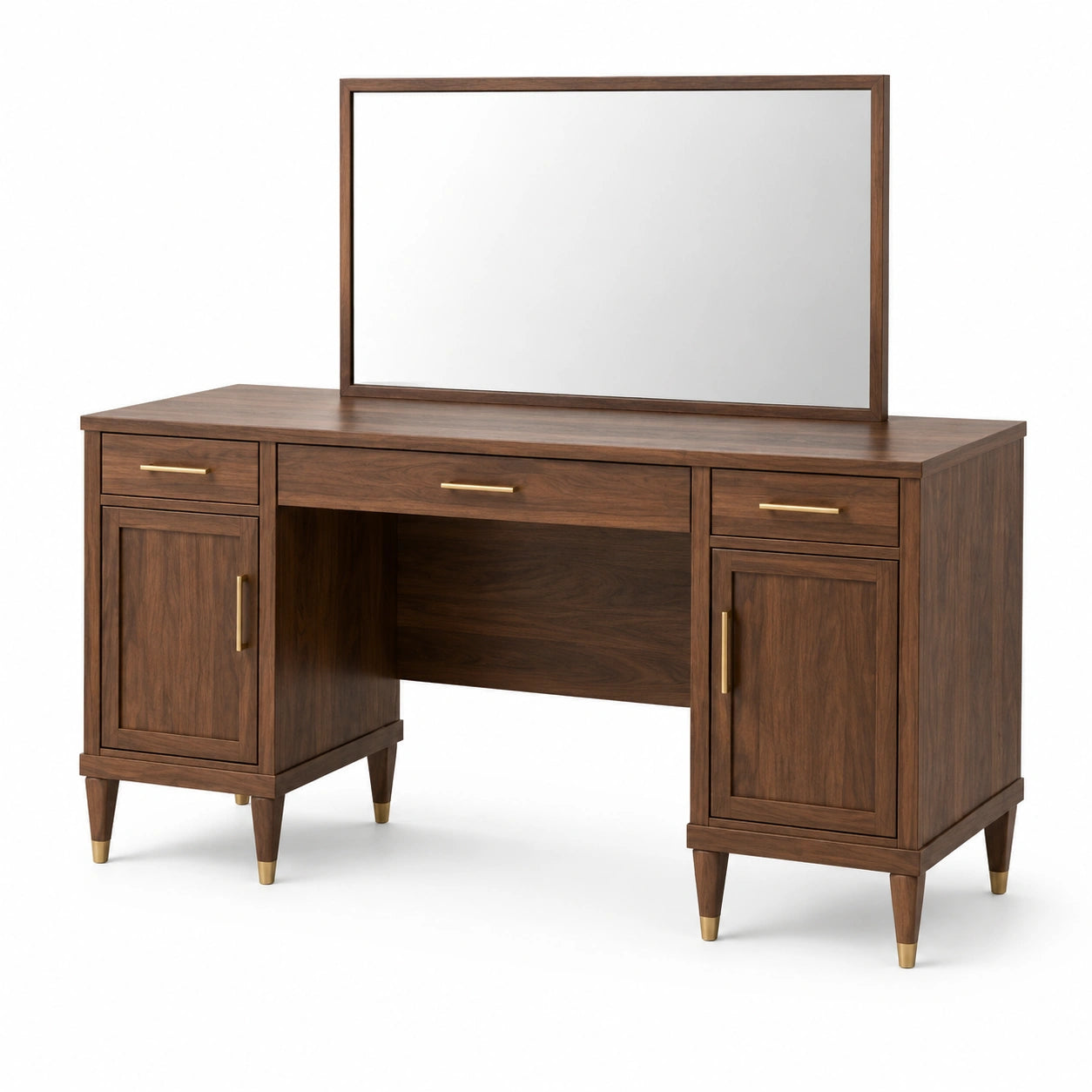 Coiffeuse rétro en bois marron et doré avec miroir et rangements, 140 x 45 x 145 cm